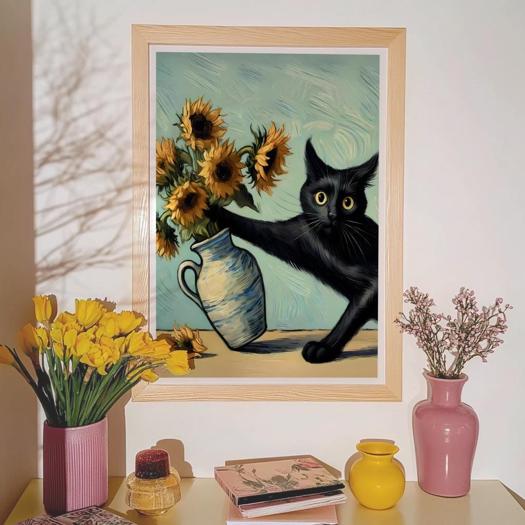 Van Gogh Cat Art Print – Funny Black Cat & Sunflowers Poster (Digital Download)