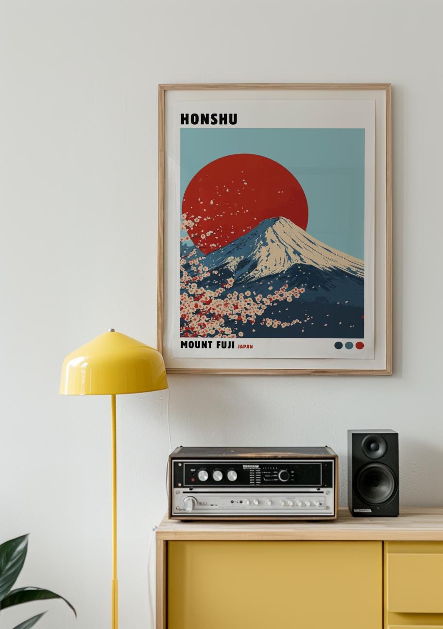 Mount Fuji Wall Art, Honshu Japan Poster, Japanese Landscape Print, Cherry Blossom Decor, Japandi Wall Art