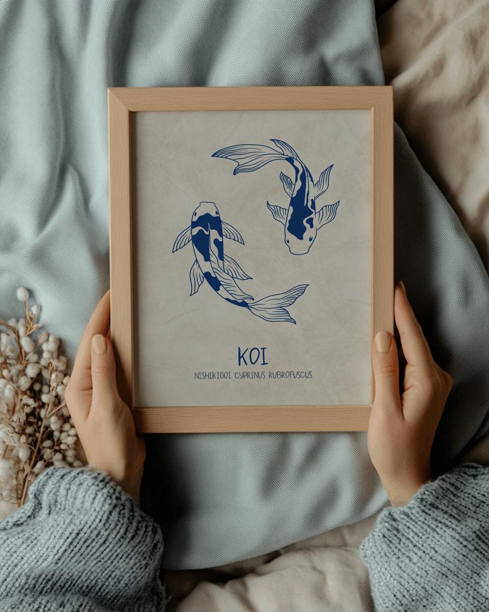 Japanese Koi Fish Art Print – Minimalist Blue Zen Wall Decor (Digital Download)