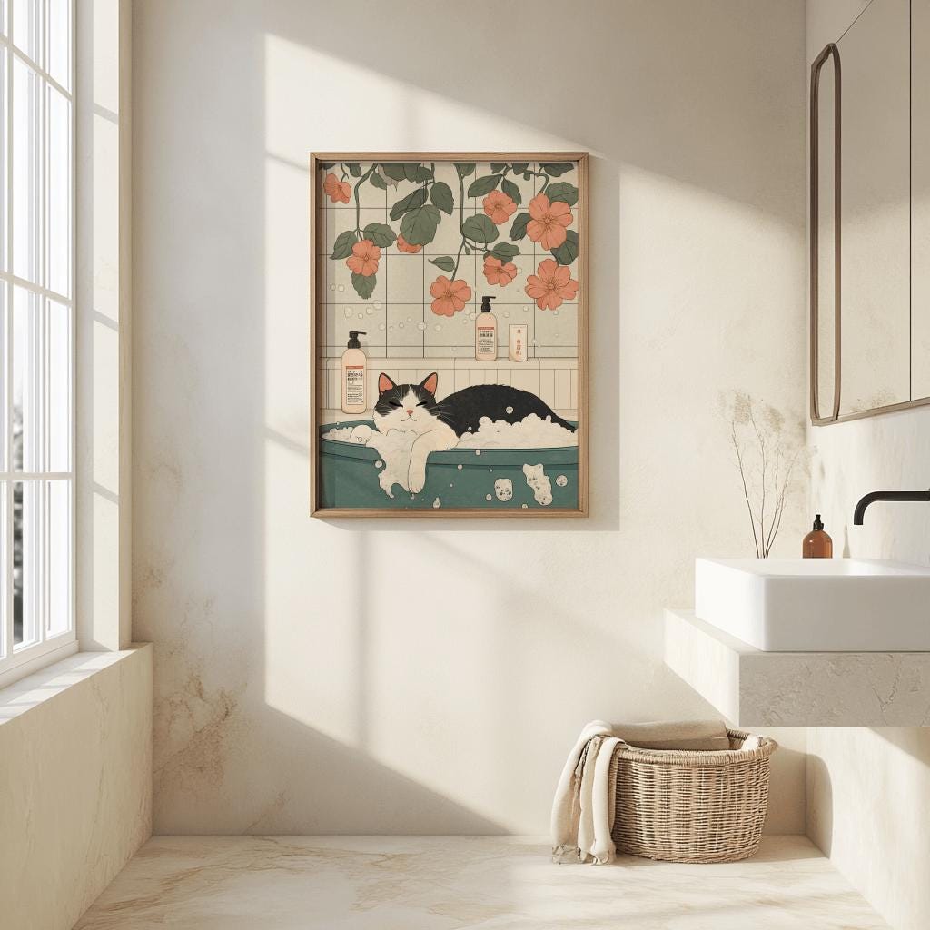 Black Cat in Bathtub Poster – Japanese Minimalist Bathroom Wall Art, Cute Retro Cat Print, Digital Download