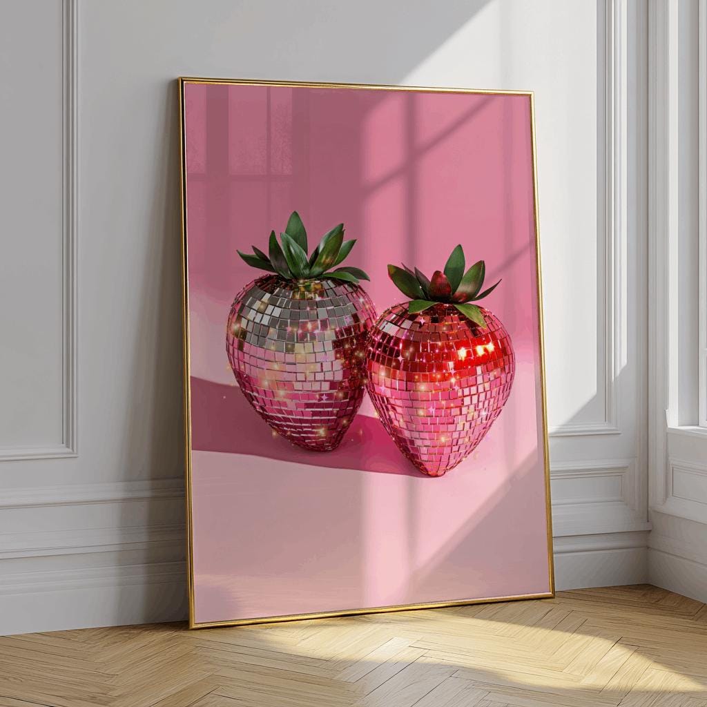 Pink Disco Strawberries Poster – Trendy Glam Kitchen Wall Art (Digital Download)