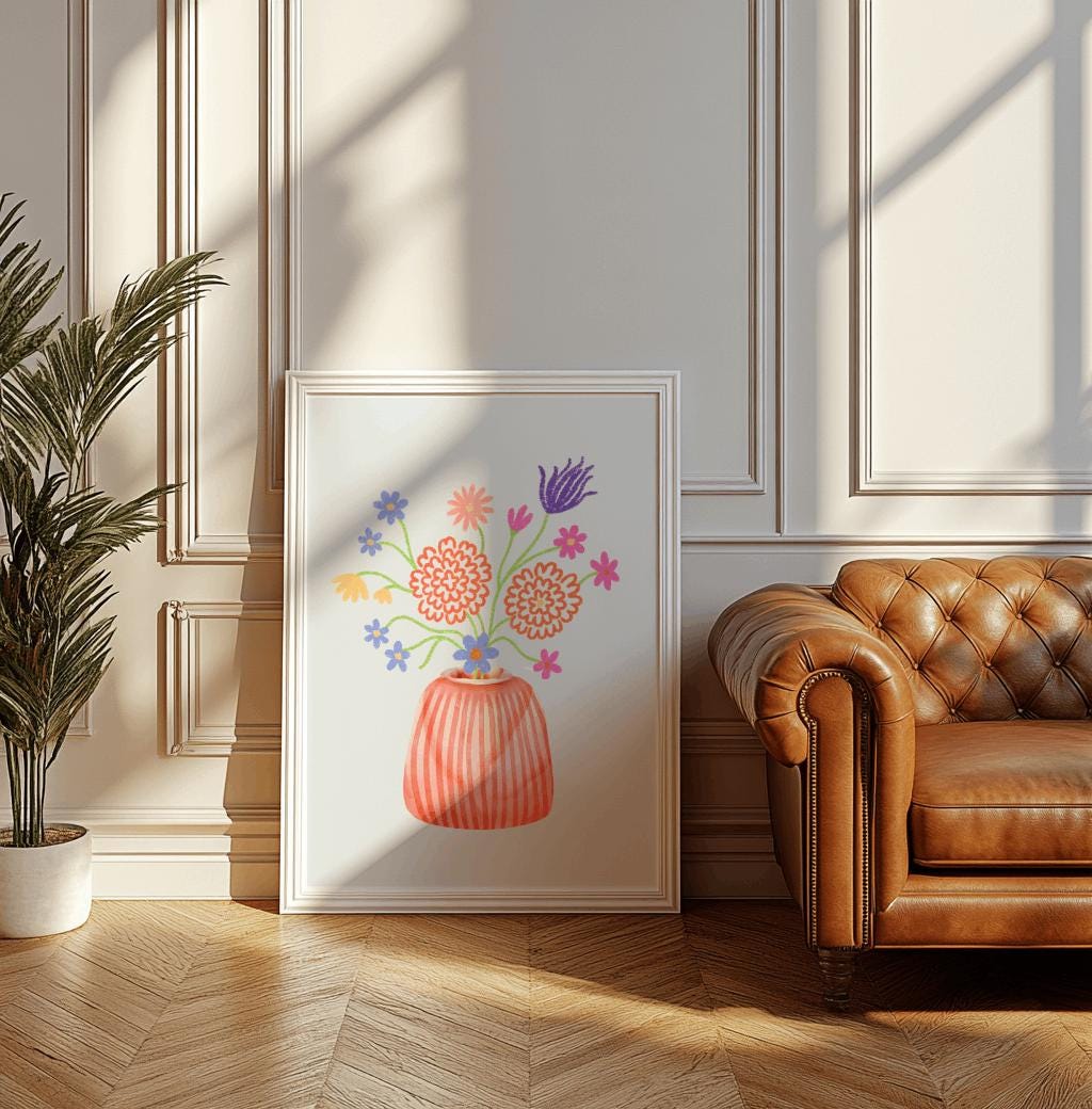 Danish Pastel Flower Vase Poster – Cute Retro Floral Art Print (Digital Download)