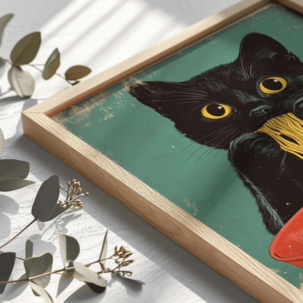 Cat Ramen Poster – Retro Japanese Kitchen Art Print | Digital Download