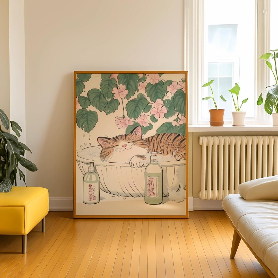 Japanese Cat Bath Poster – Cute Tabby in Bathtub Art Print | Digital Download