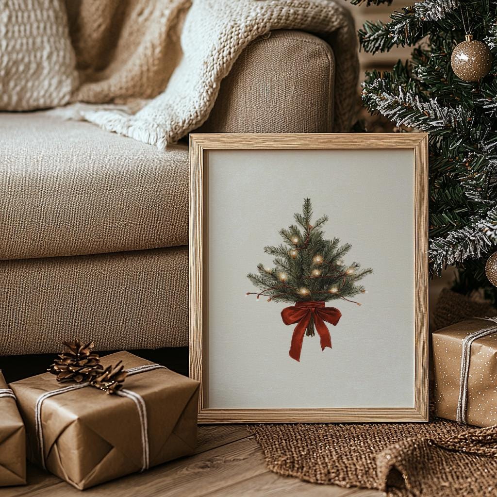 Vintage Christmas Tree Print – Neutral Rustic Holiday Wall Art (Digital Download)