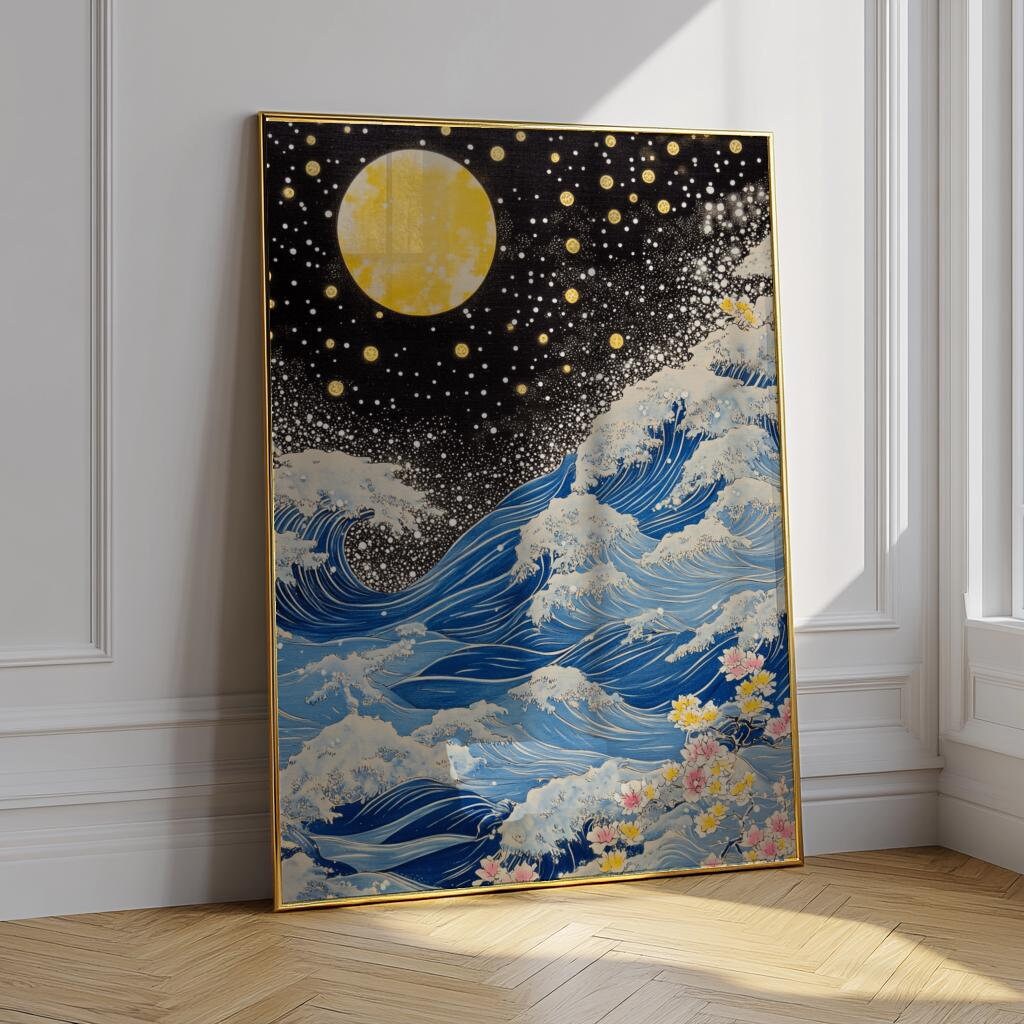 Blue Waves Japandi Wall Art Print, Navy Blue and Gold Japanese Poster (Digital Download)