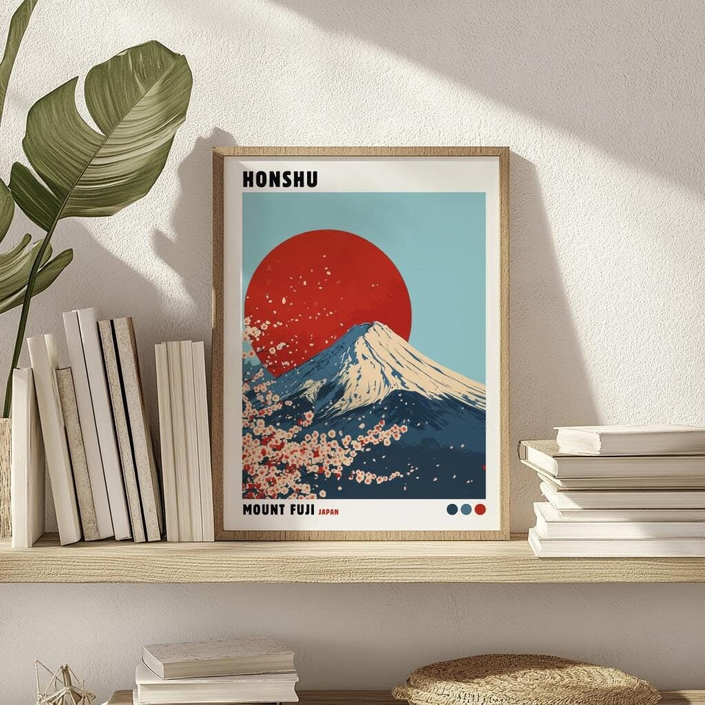 Mount Fuji Wall Art, Honshu Japan Poster, Japanese Landscape Print, Cherry Blossom Decor, Japandi Wall Art