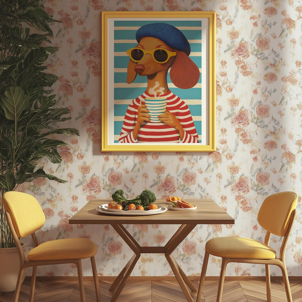 Coffee Lover Dog Art Print – Whimsical Mid-Century Wall Art (Digital Download)
