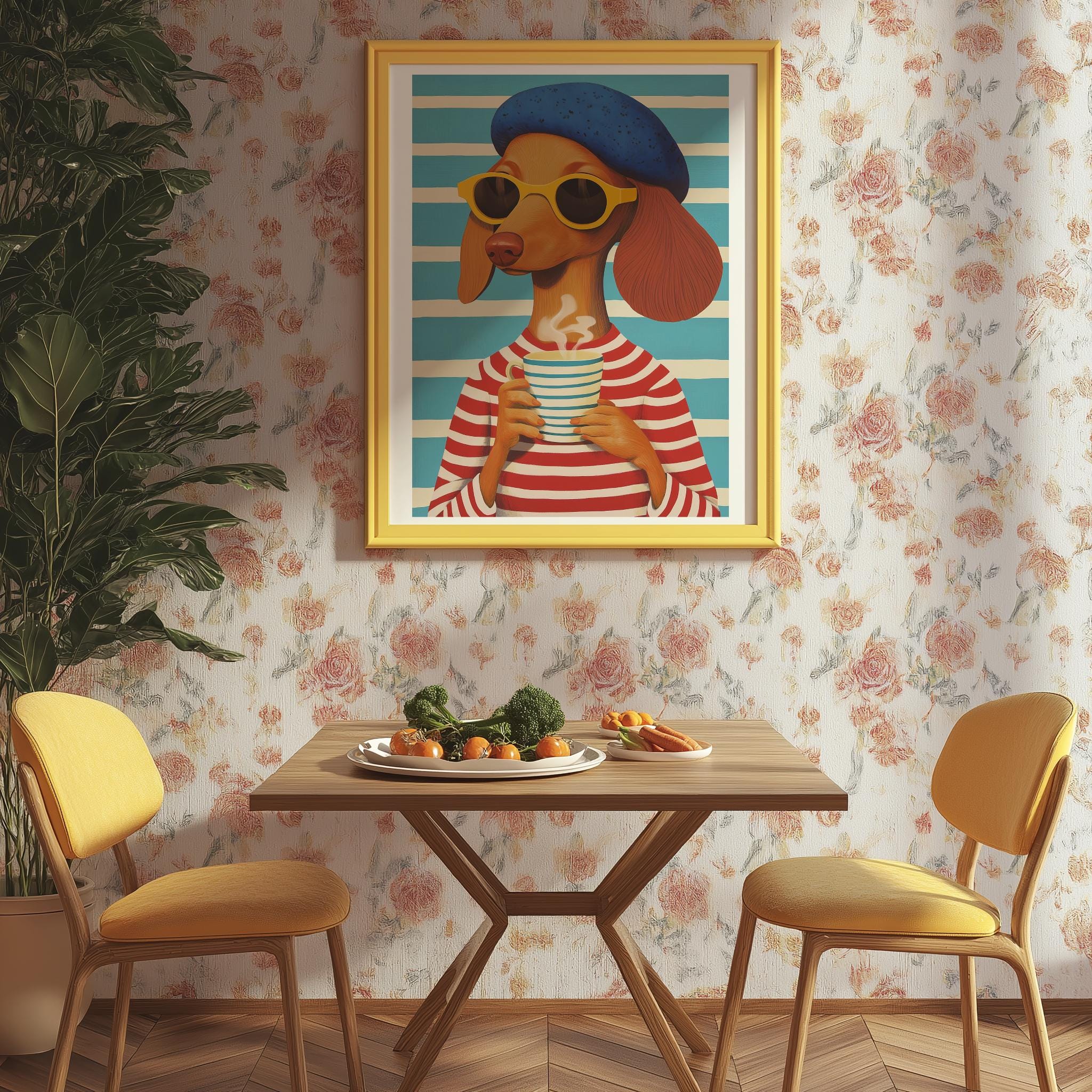 Coffee Lover Dog Art Print – Whimsical Mid-Century Wall Art (Digital Download)