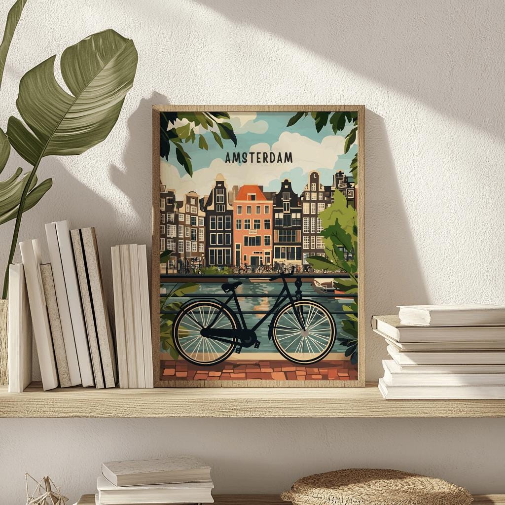 Amsterdam Travel Art Print – Netherlands Canal & Bicycle Poster (Digital Download)