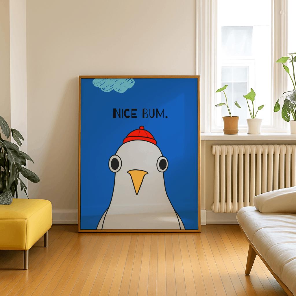 Nice Bum Seagull Poster – Funny Bathroom Wall Art, Blue Bird Print, Modern Typography Decor (Digital Download)