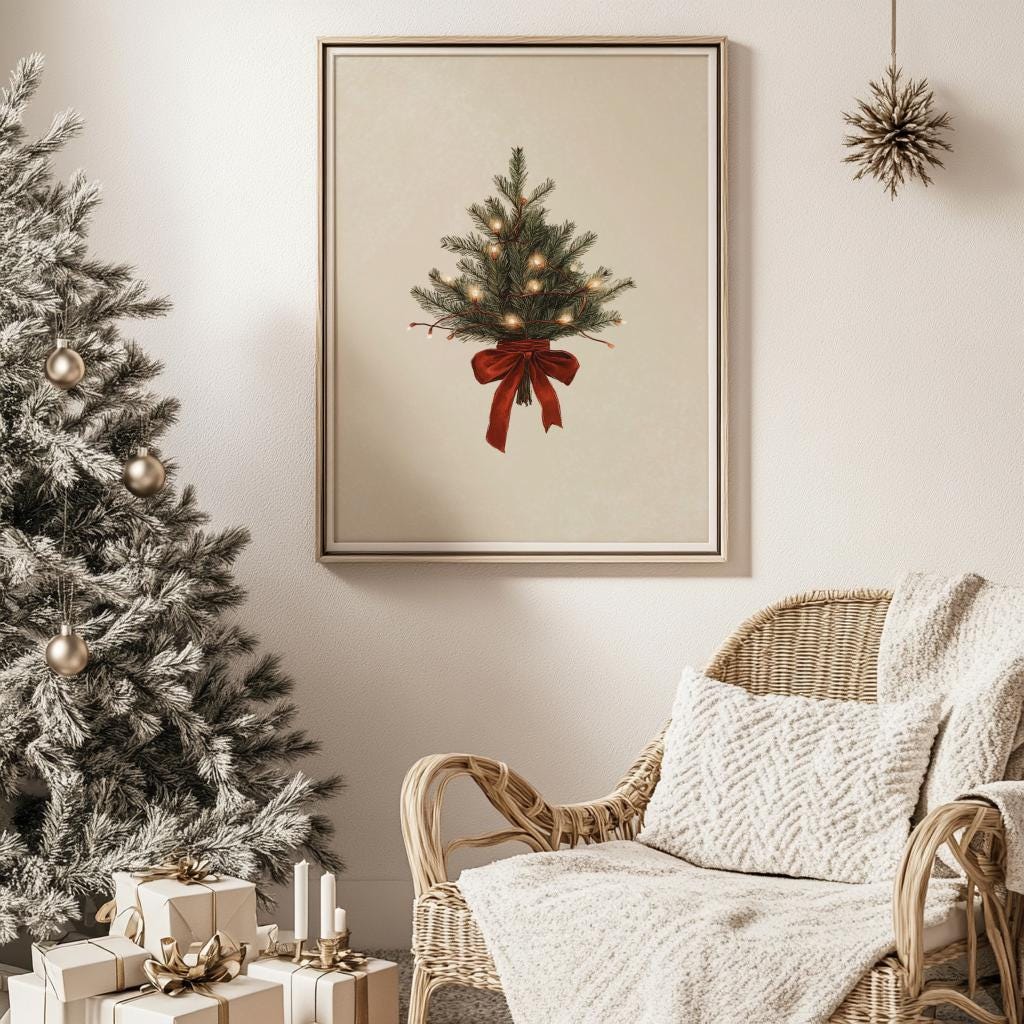 Vintage Christmas Tree Print – Neutral Rustic Holiday Wall Art (Digital Download)
