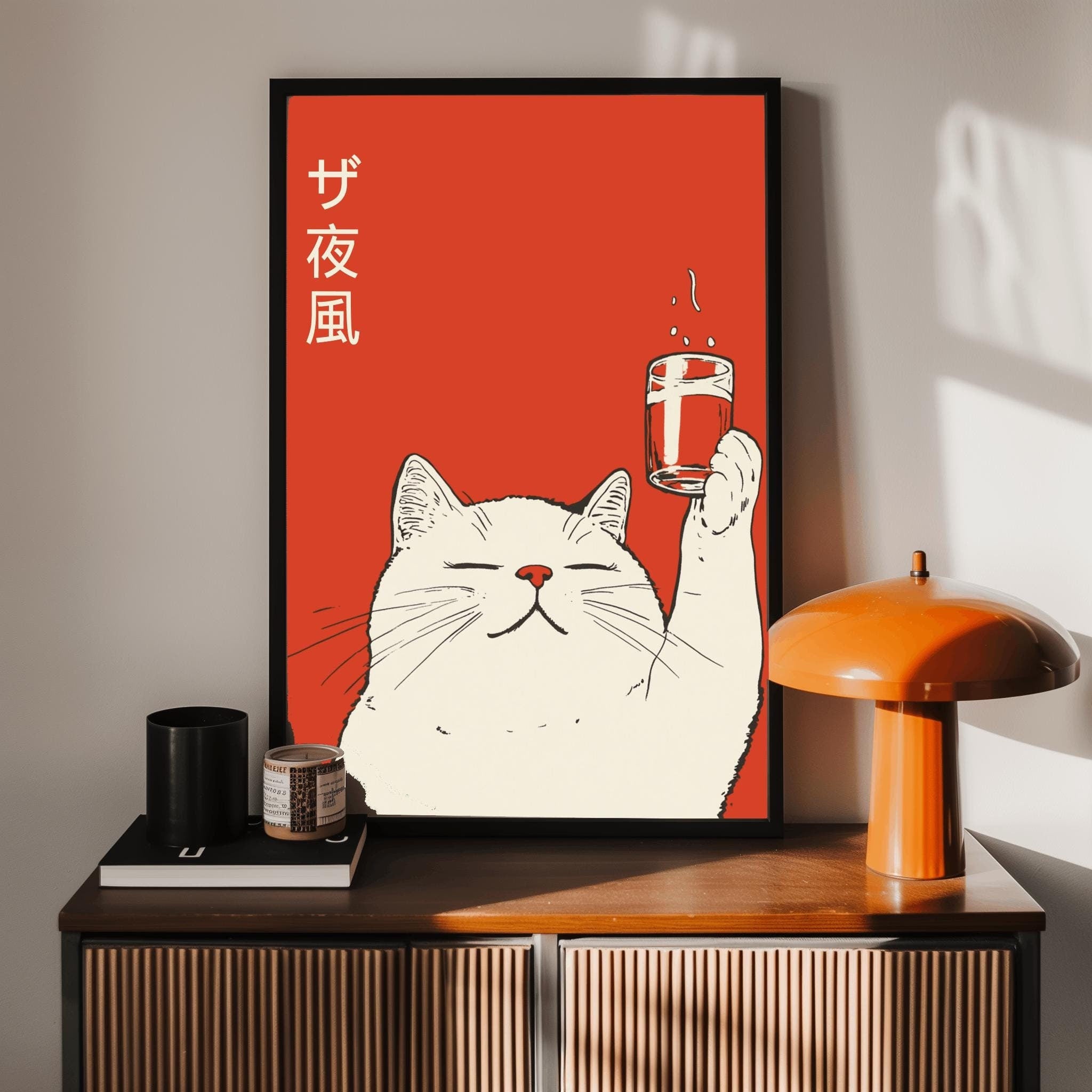 Retro Japanese Cat Bar Print – Mid-Century Modern Kitchen Wall Art (Digital Download)