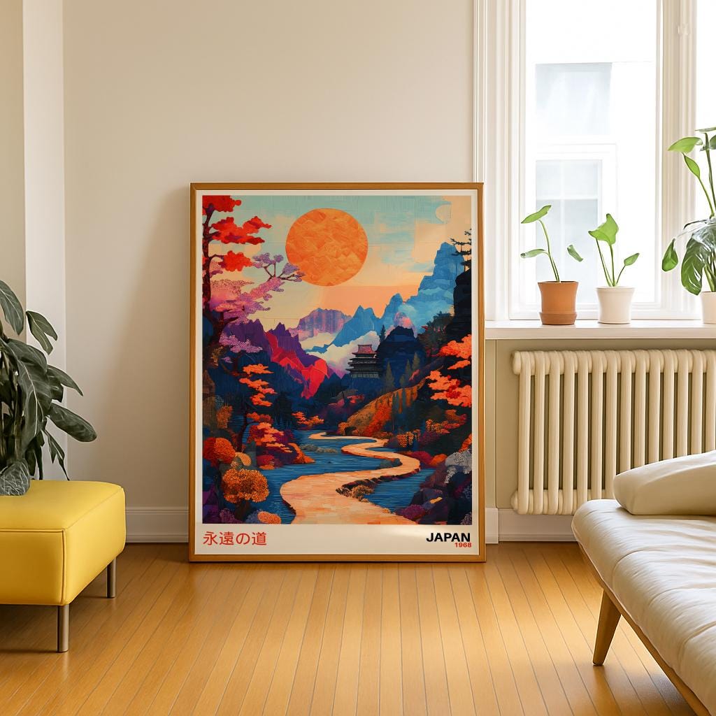 Japanese Sunset Landscape Print – Wabi-Sabi Japandi Wall Art (Digital Download )