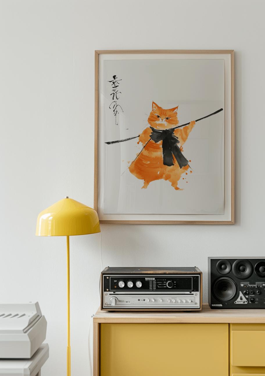 Japanese Samurai Cat Poster – Orange Watercolor Sumi-e Art Print (Digital Download)