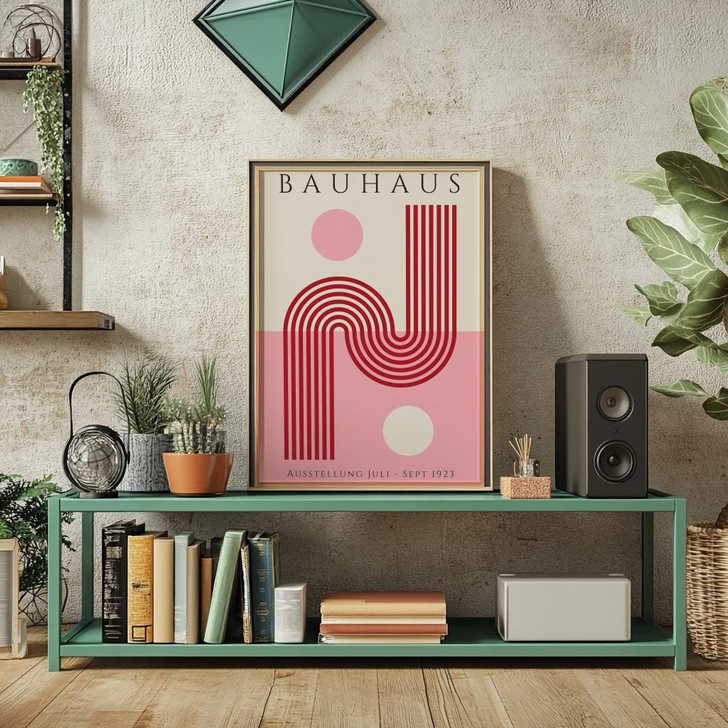 Pink Bauhaus Art Print – Retro Geometric Exhibition Poster (Digital Download)