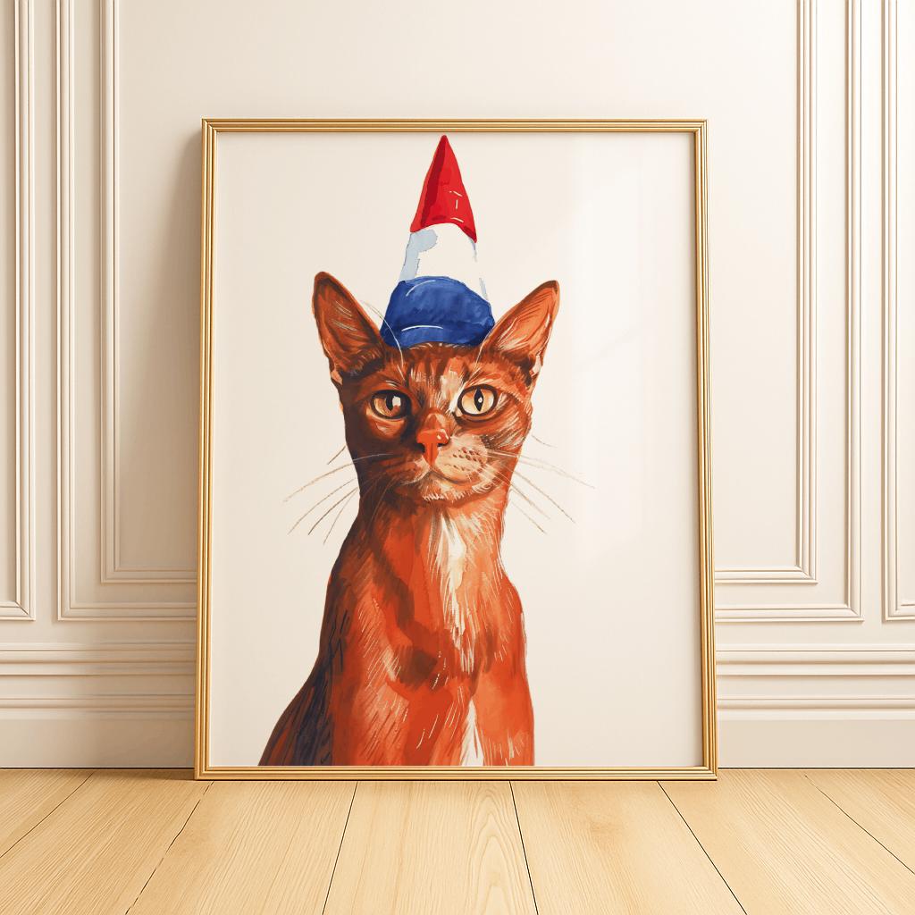Patriotic Cat Poster – Red White Blue Hat, Americana Pet Art (Digital Download)