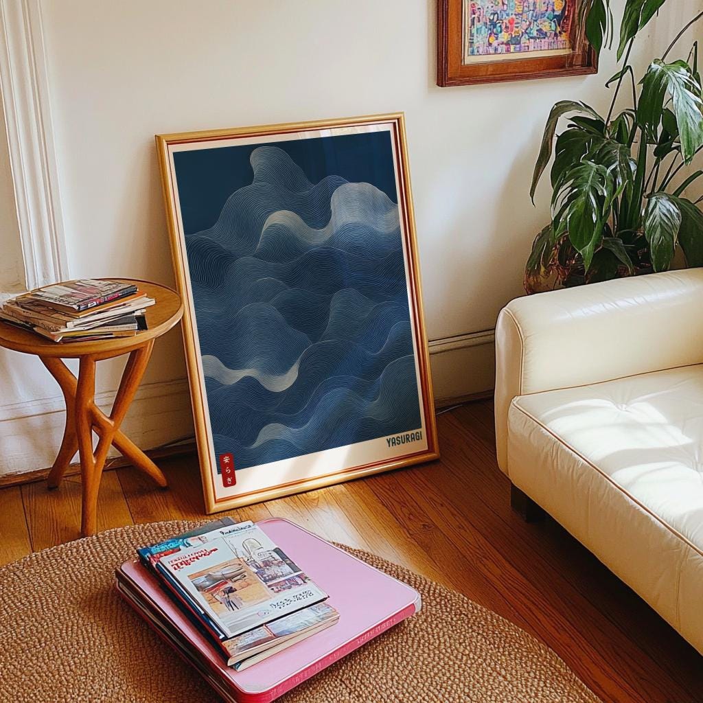 Blue Waves Japandi Art Print – Japanese Wabi Sabi Wall Decor (Digital Download)