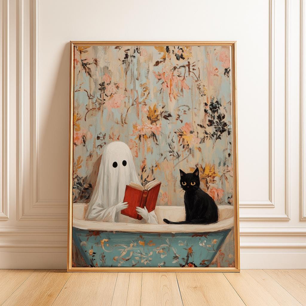 Ghost & Black Cat Bathtub Print – Cozy Spooky Wall Art (Digital Download)