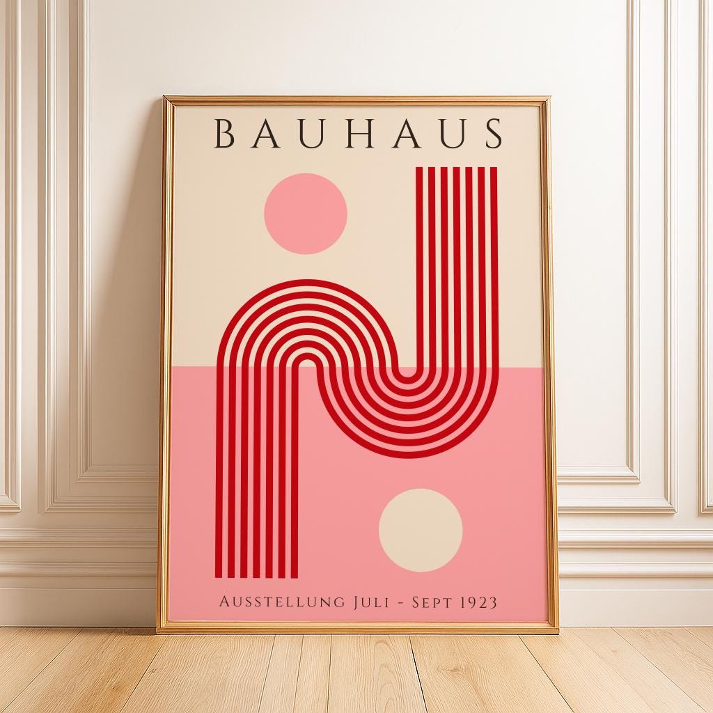 Pink Bauhaus Art Print – Retro Geometric Exhibition Poster (Digital Download)