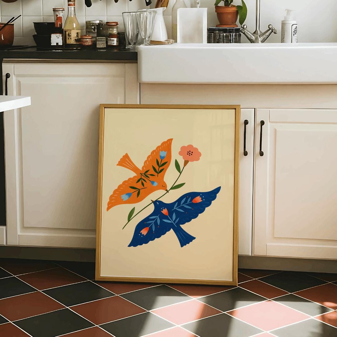 Scandinavian HummingBird Wall Art, Hummingbird Folk Art Print, Nature Folk Print, Scandinavian Decor, Farmhouse Wall Art, Digital Download