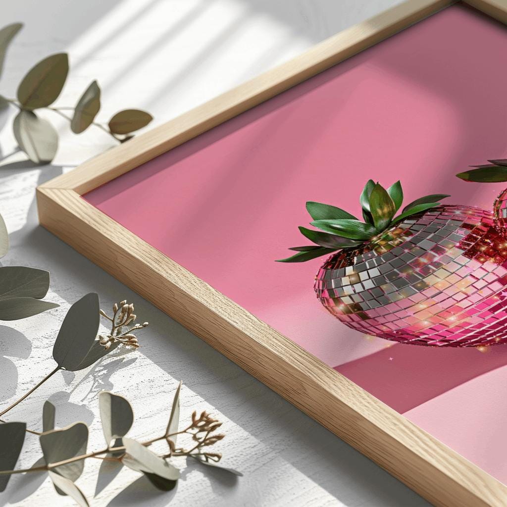 Pink Disco Strawberries Poster – Trendy Glam Kitchen Wall Art (Digital Download)