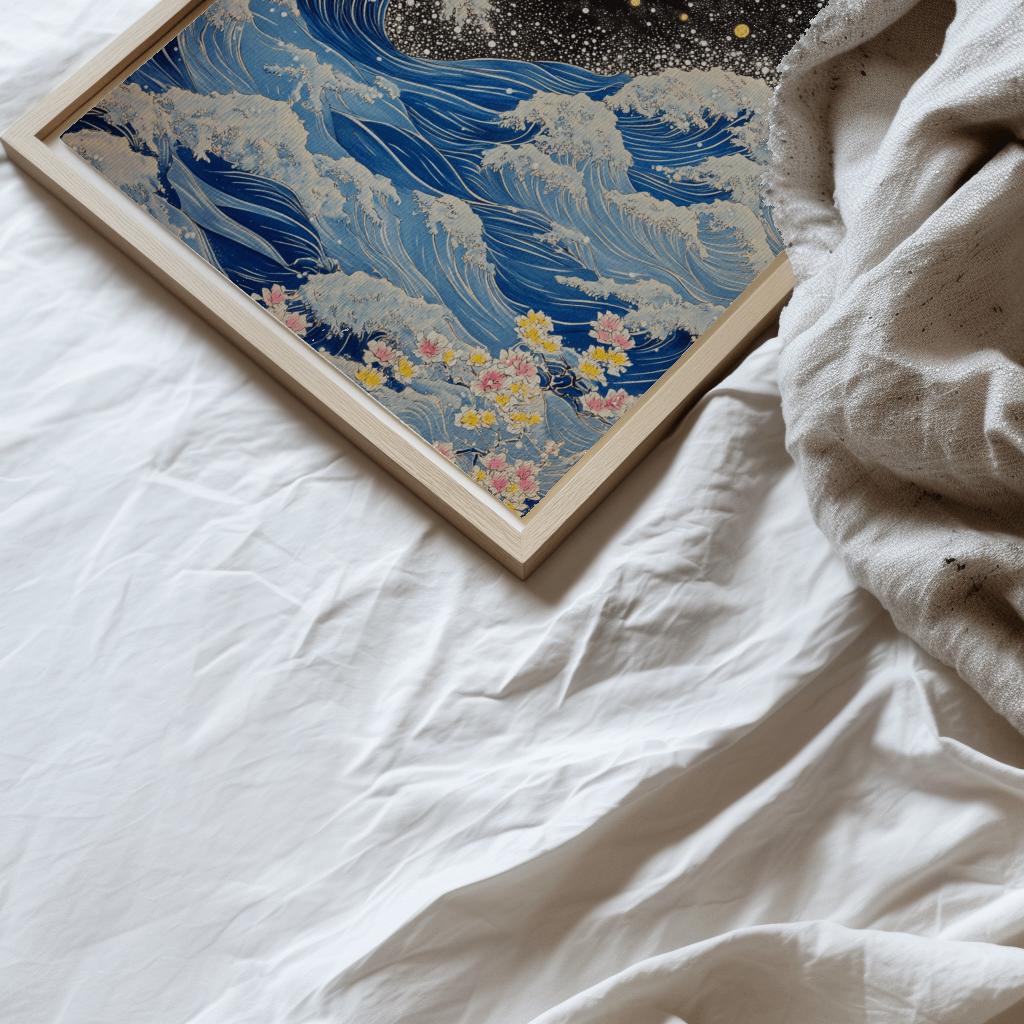 Blue Waves Japandi Wall Art Print, Navy Blue and Gold Japanese Poster (Digital Download)