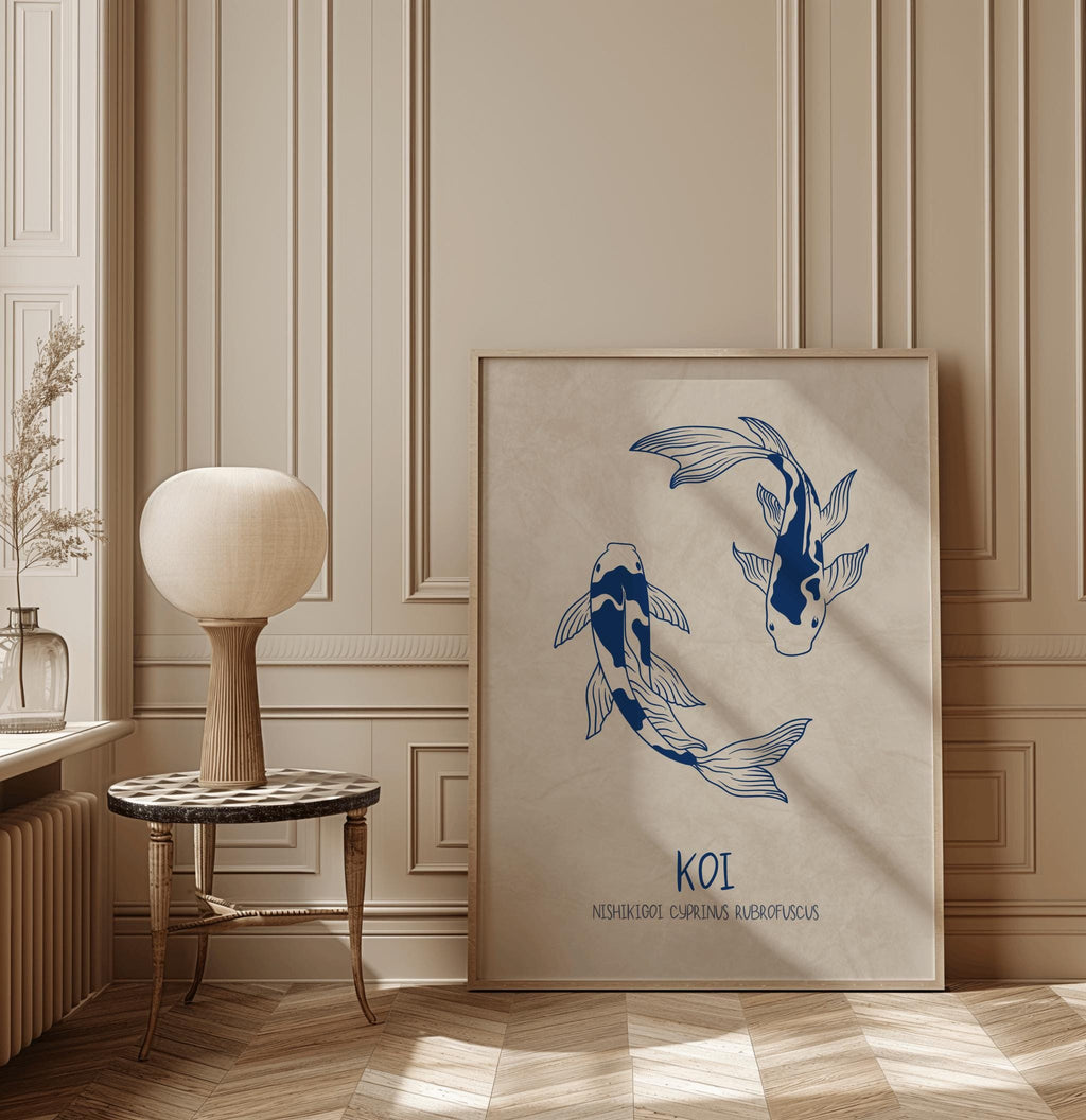 Japanese Koi Fish Art Print – Minimalist Blue Zen Wall Decor (Digital Download)