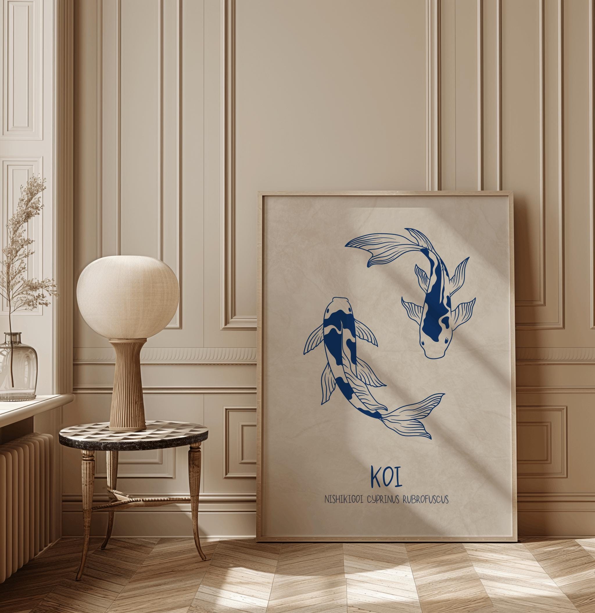 Japanese Koi Fish Art Print – Minimalist Blue Zen Wall Decor (Digital Download)