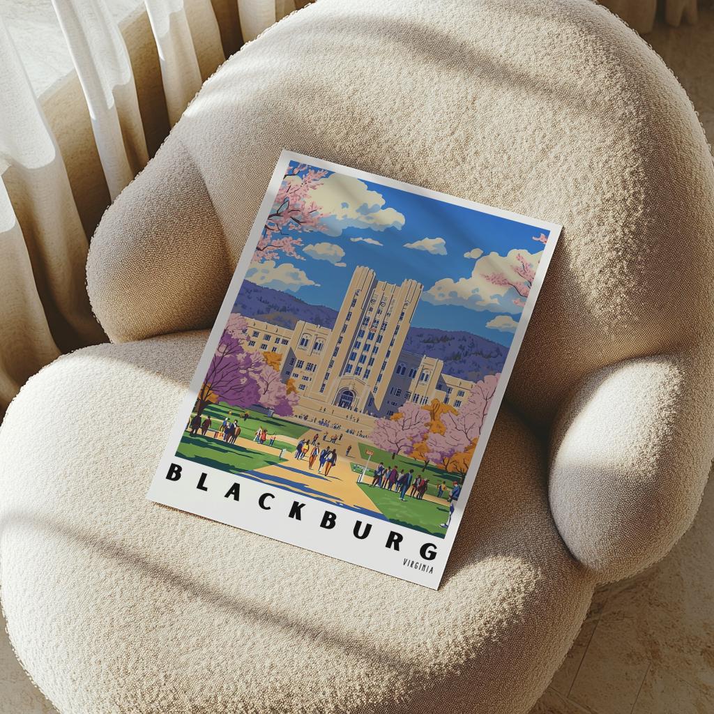 Virginia Tech Campus Art Print – Blacksburg Virginia Travel Poster (Digital Download)