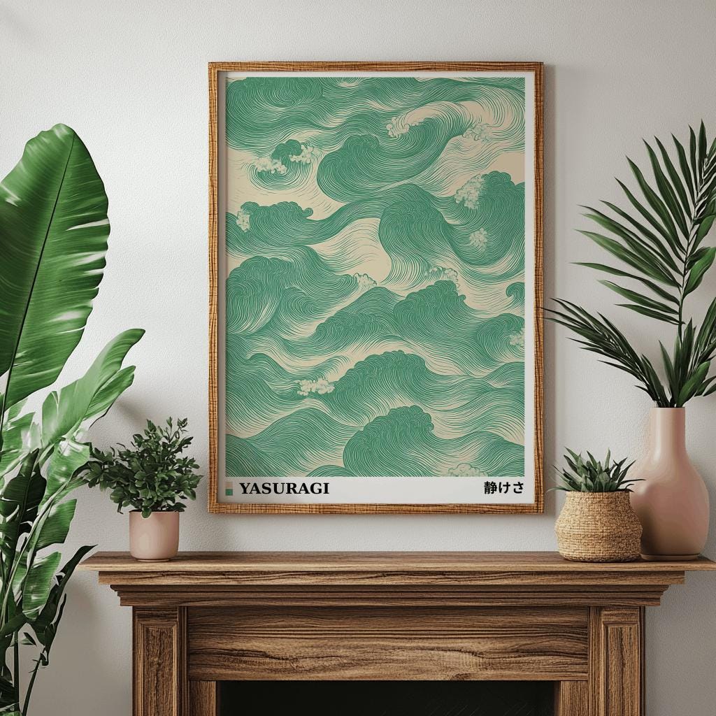 Green Japandi Waves Art Print – Japanese Wabi Sabi Wall Art (Digital Download)