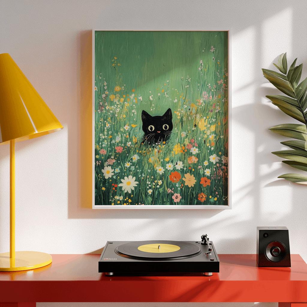 Black Cat in Flower Meadow – Whimsical Garden Art Print (Digital Download)