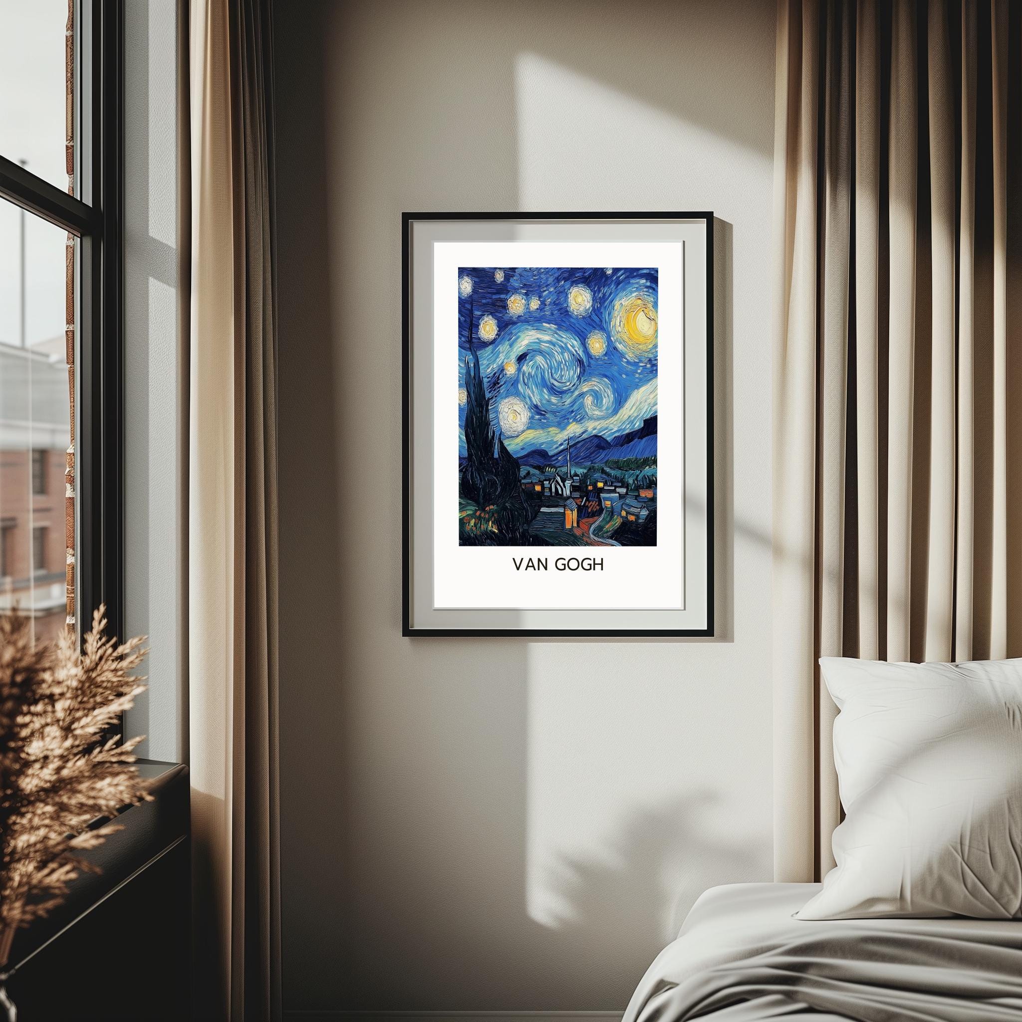 Starry Night Inspired Print – Van Gogh Style Wall Art, Blue Night Landscape (Digital Download)