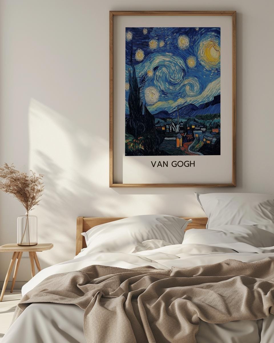 Starry Night Inspired Print – Van Gogh Style Wall Art, Blue Night Landscape (Digital Download)