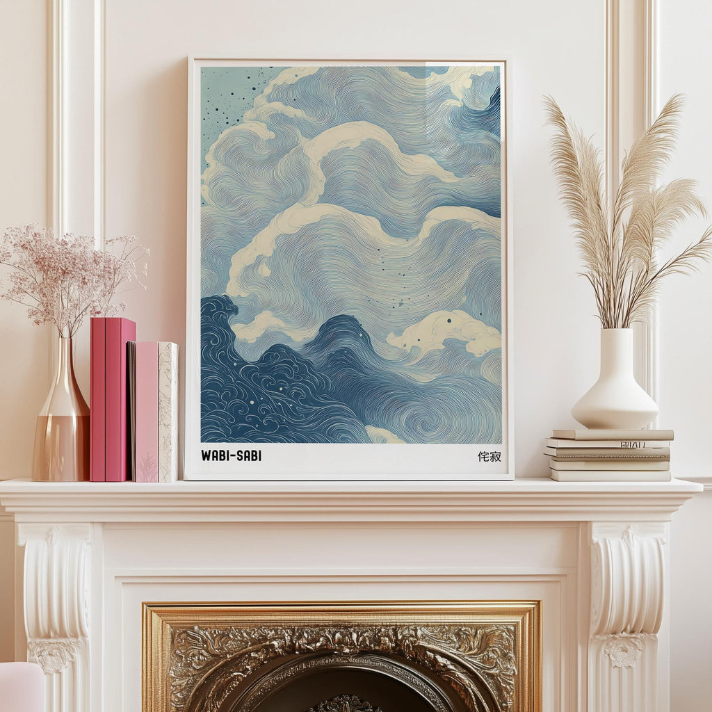 Blue Waves Japandi Art Print – Wabi Sabi Japanese Wall Poster (Digital Download)