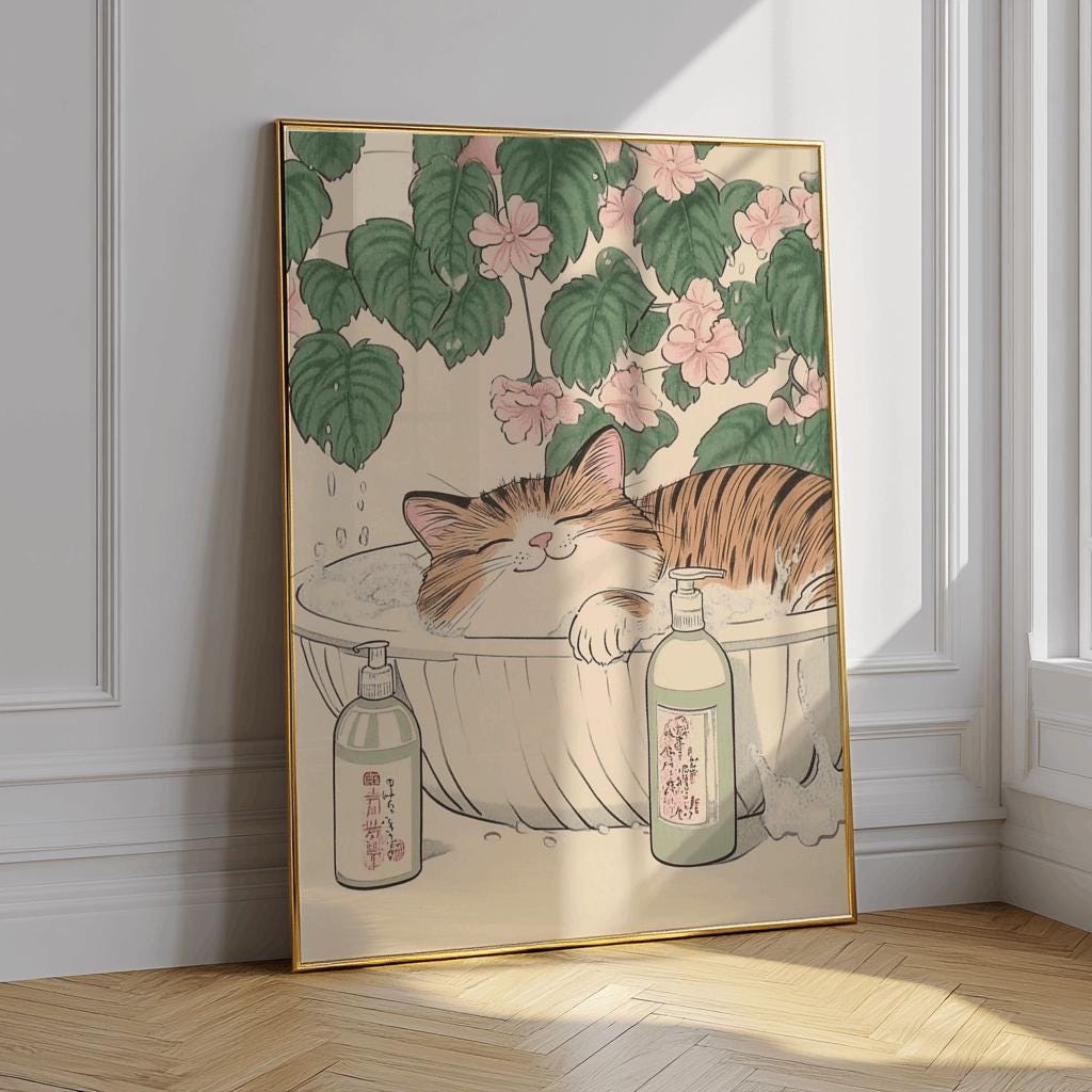 Japanese Cat Bath Poster – Cute Tabby in Bathtub Art Print | Digital Download