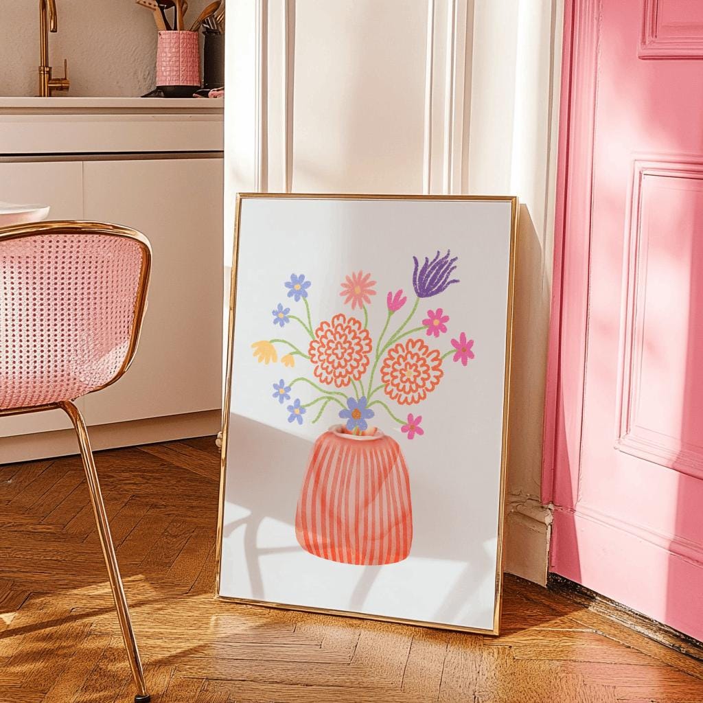 Danish Pastel Flower Vase Poster – Cute Retro Floral Art Print (Digital Download)