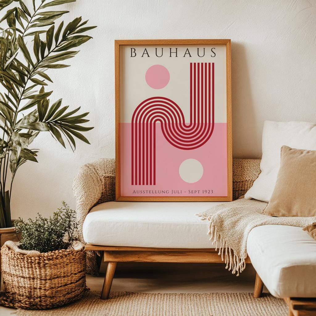 Pink Bauhaus Art Print – Retro Geometric Exhibition Poster (Digital Download)