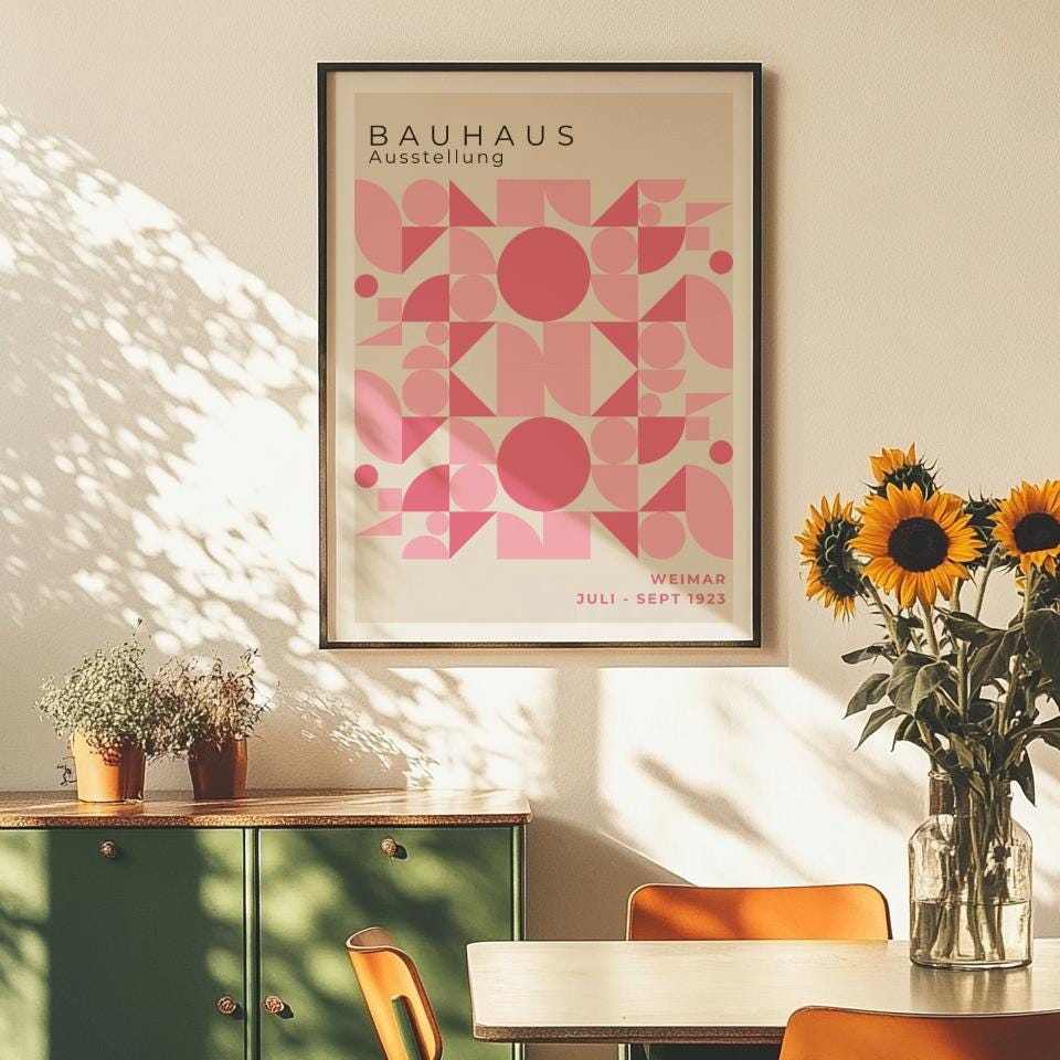 Pink Bauhaus Exhibition Poster – Mid-Century Geometric Wall Art (Digital Download)