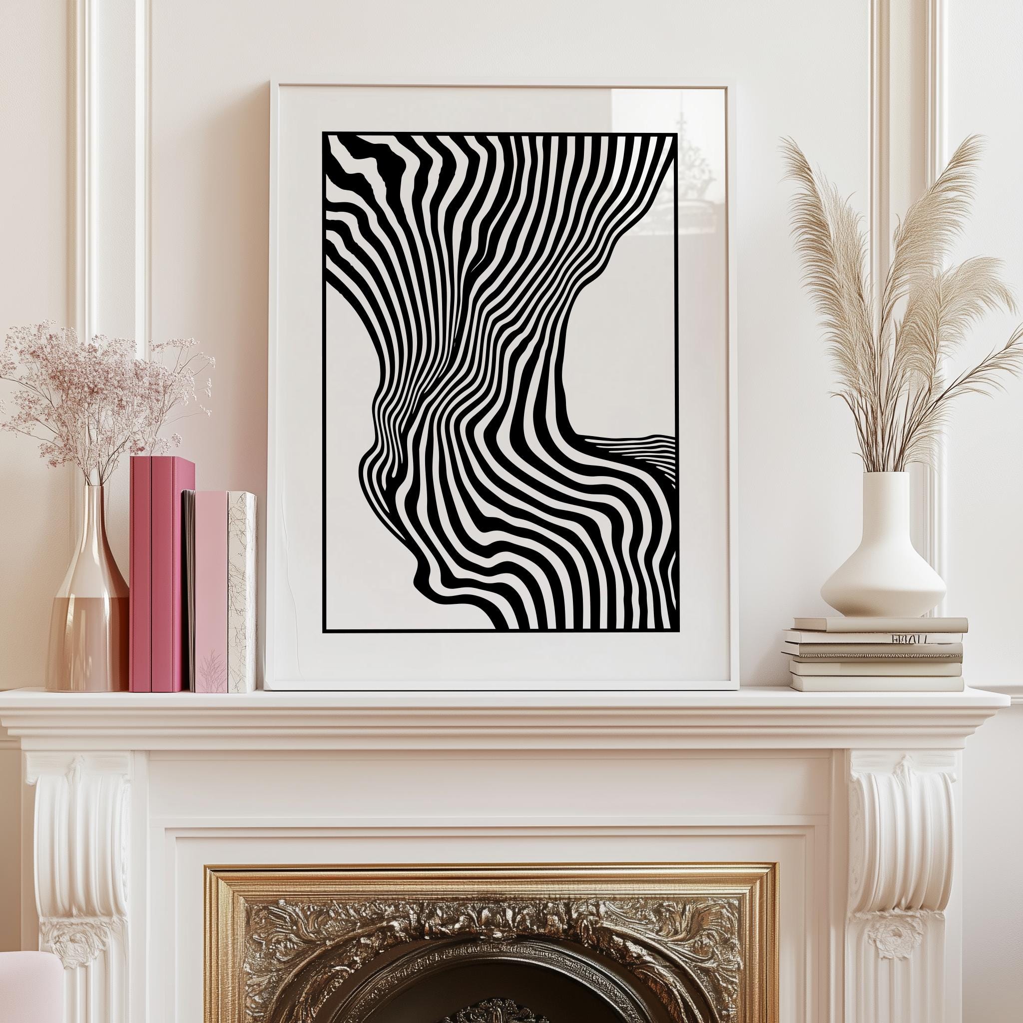Black Line Abstract Art Print – Mid-Century Modern Neutral Wall Decor | Digital Download