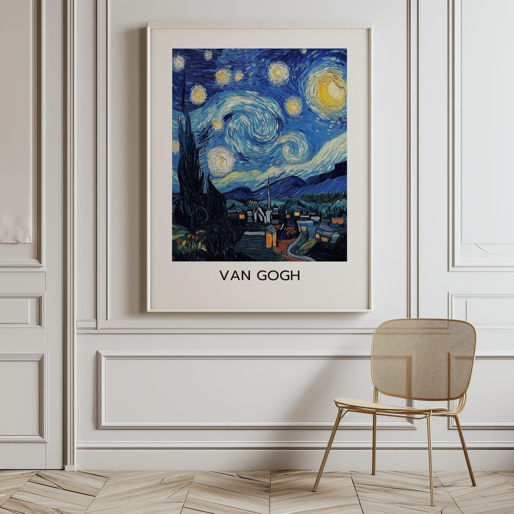 Starry Night Inspired Print – Van Gogh Style Wall Art, Blue Night Landscape (Digital Download)