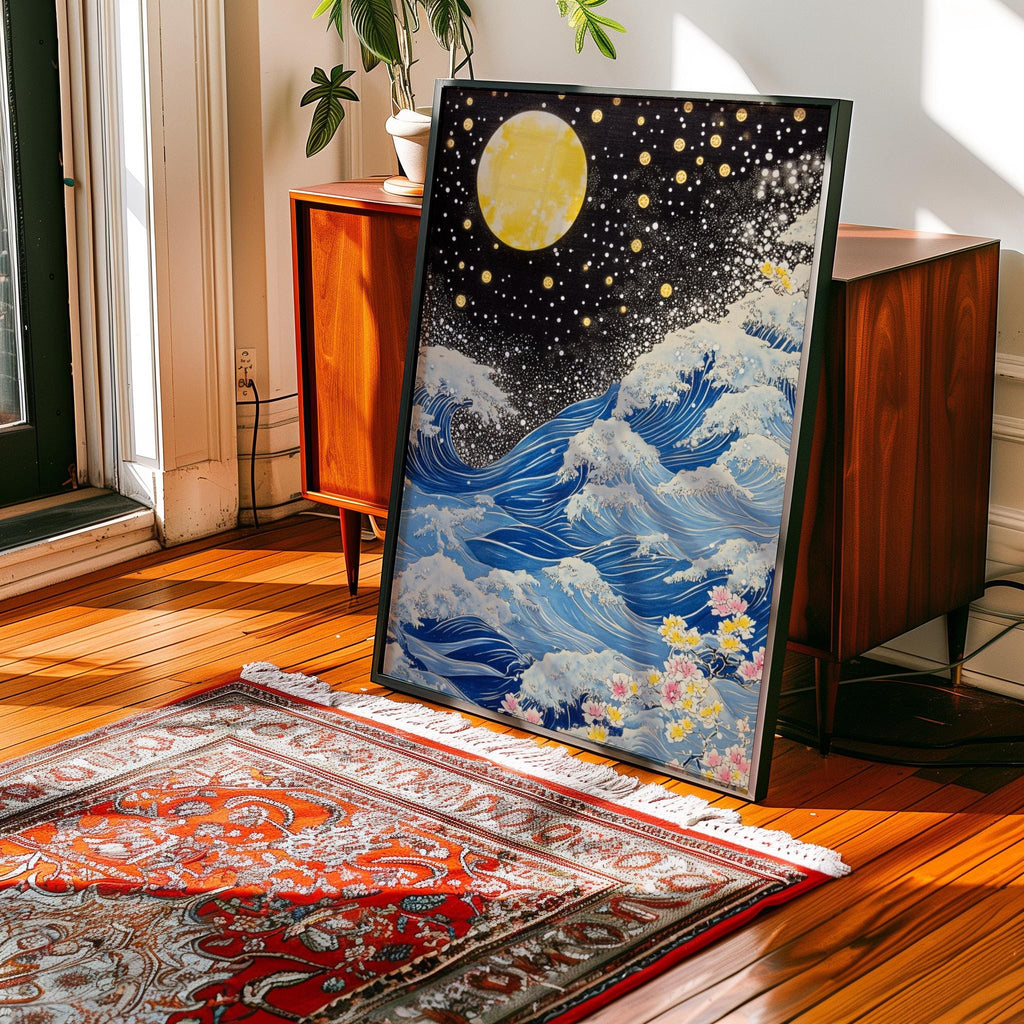 Blue Waves Japandi Wall Art Print, Navy Blue and Gold Japanese Poster (Digital Download)