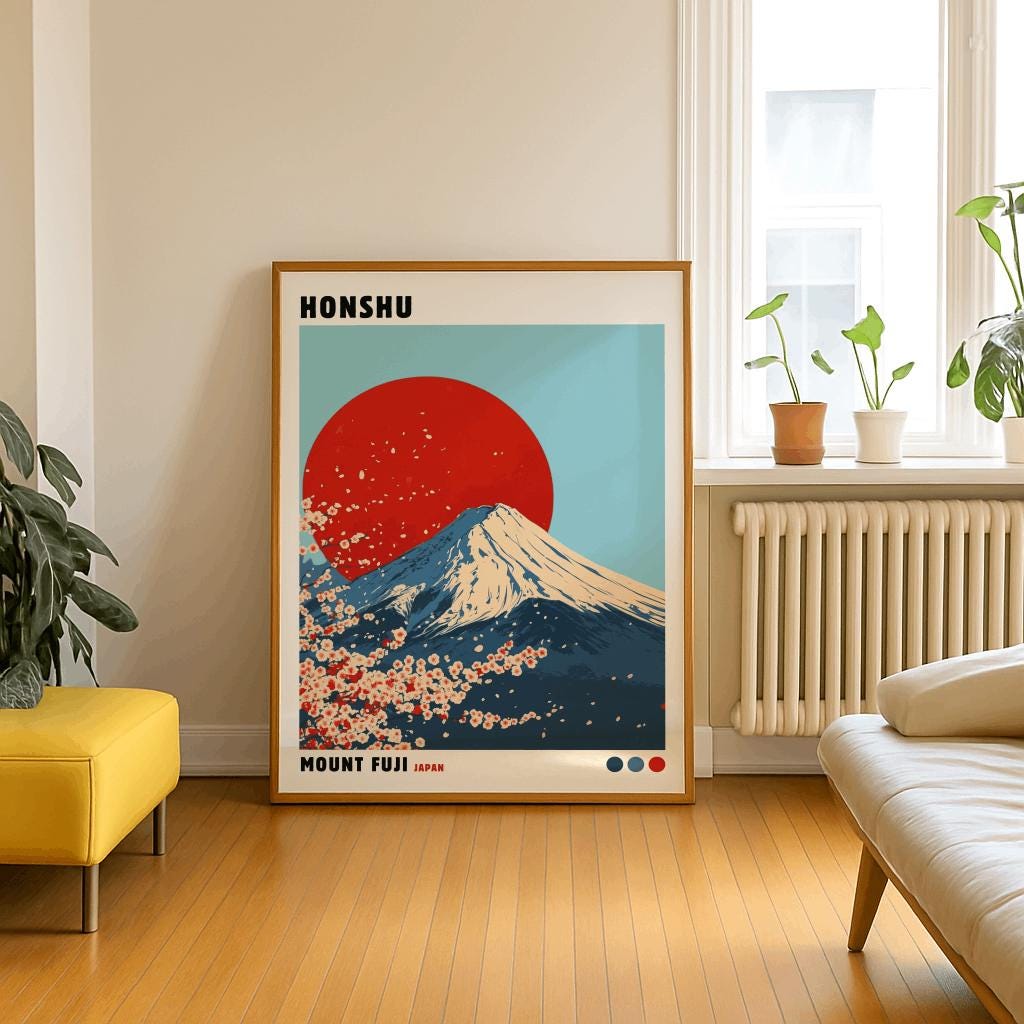 Mount Fuji Wall Art, Honshu Japan Poster, Japanese Landscape Print, Cherry Blossom Decor, Japandi Wall Art