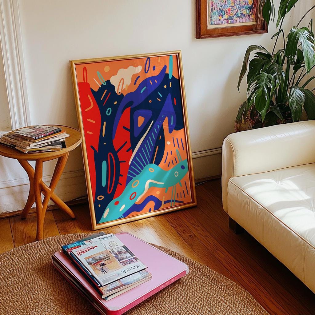 Blue & Orange Abstract Poster – Retro Wavy Line Modern Art Print | Digital Download