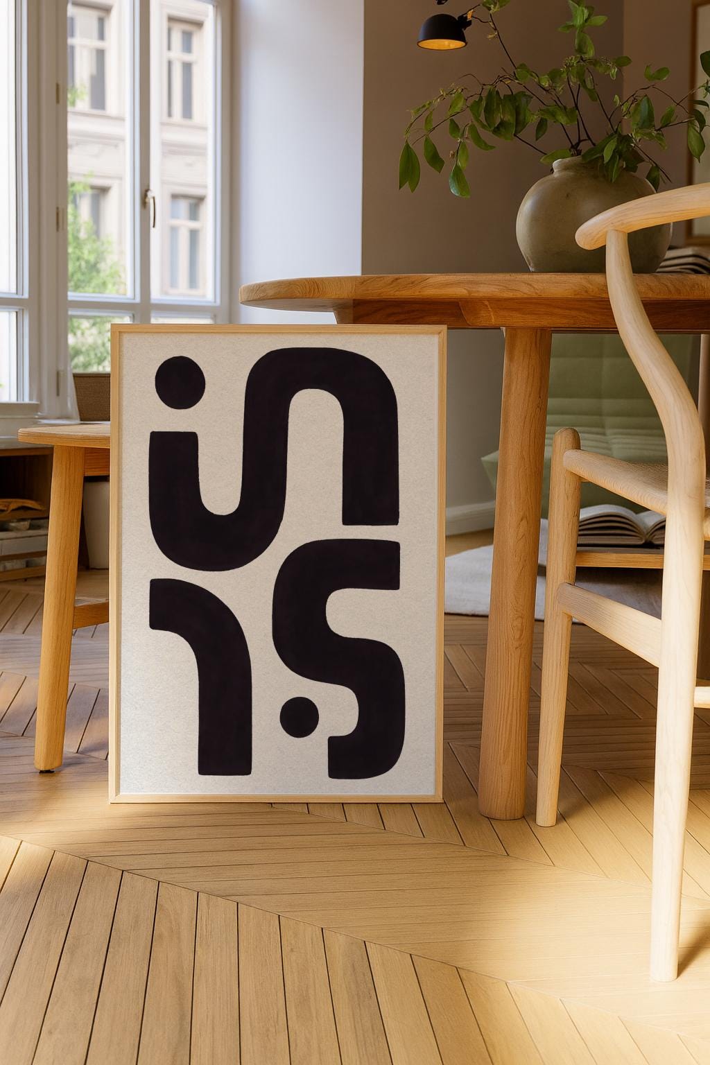 Geometric Abstract Print – Mid Century Modern Beige & Black Wall Art (Digital Download)