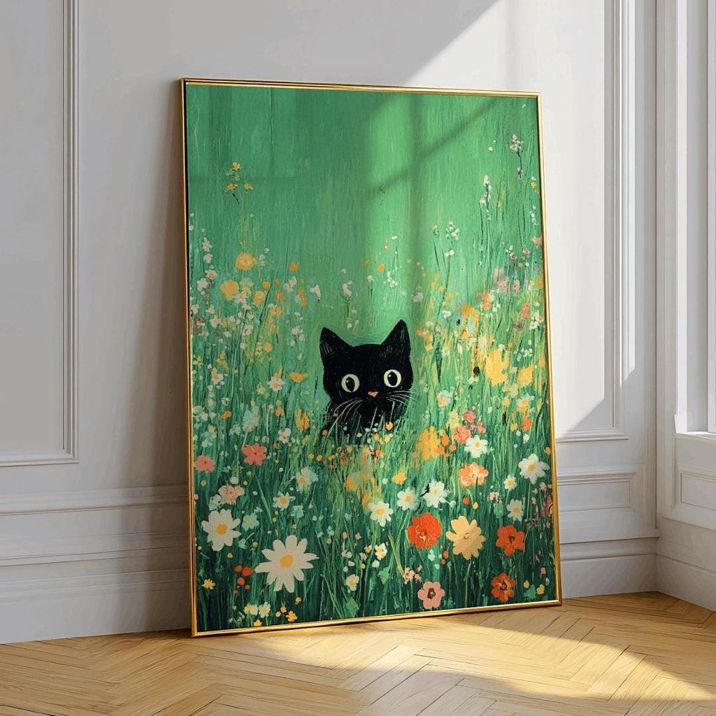 Black Cat in Flower Meadow – Whimsical Garden Art Print (Digital Download)