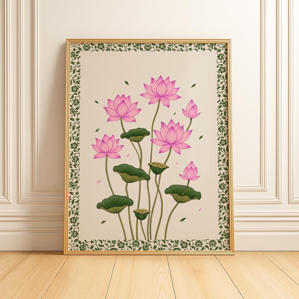 Vintage Pink Lotus Flower Art Print – Indian Botanical Wall Art (Digital Download)