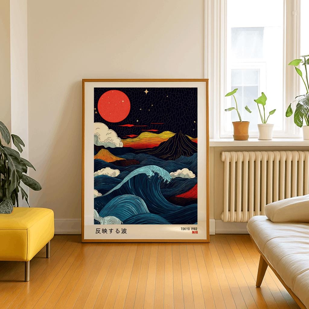 Japanese Wabi Sabi Wave Poster – Red Moon Japanese Wall Art (Digital Download)