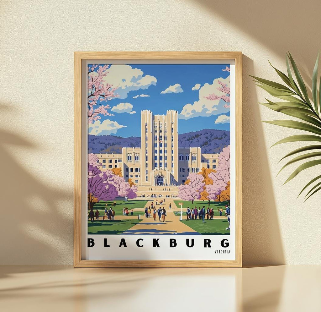 Virginia Tech Campus Art Print – Blacksburg Virginia Travel Poster (Digital Download)