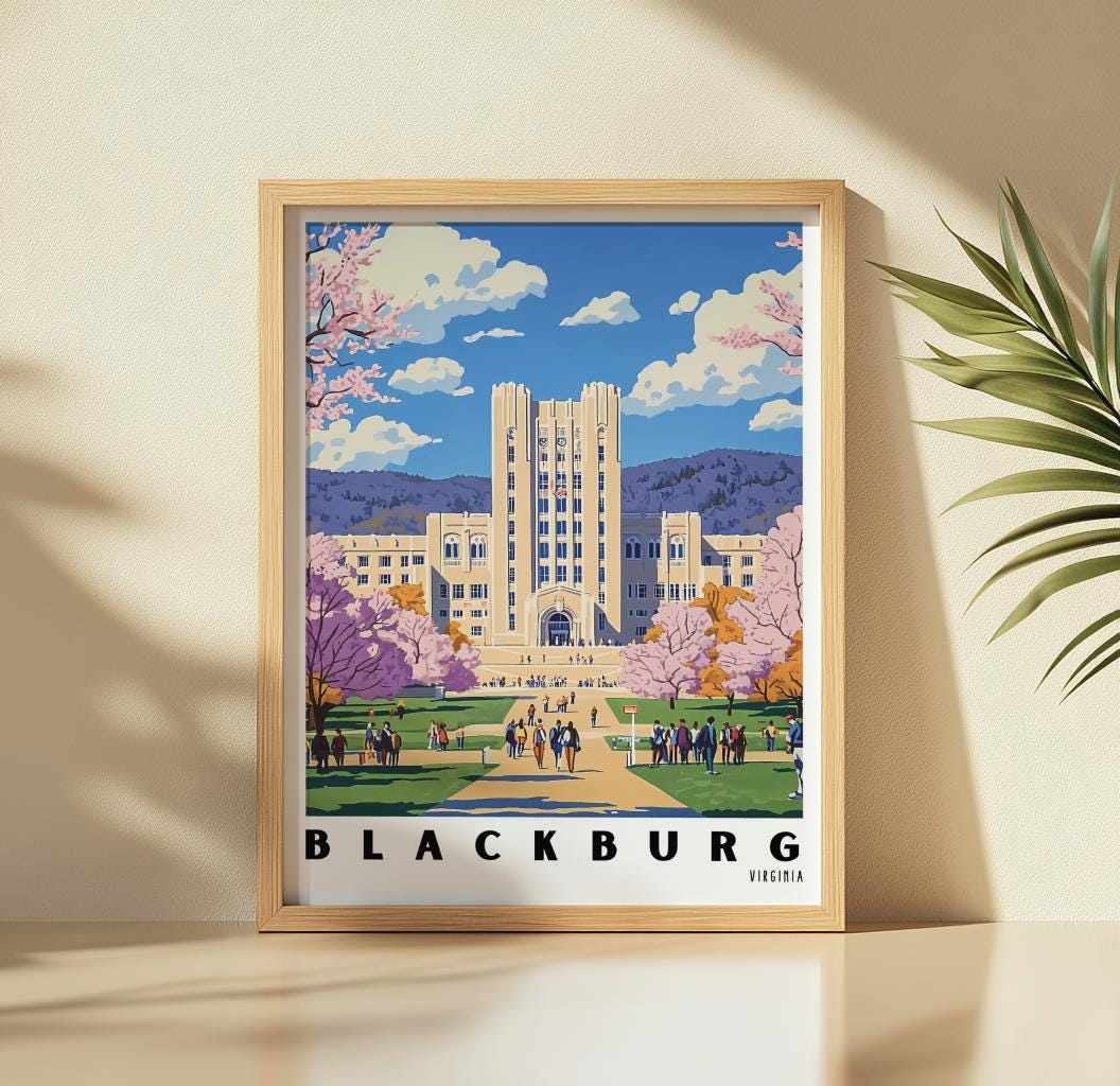 Virginia Tech Campus Art Print – Blacksburg Virginia Travel Poster (Digital Download)